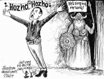 Navajo man singing Hozho, hozho!! Man dressed as viking with belt labeled "Don't touch Trump: says, "He's singing my tune." Sidekicks say, "Aint over til the fat lady sings!" arf arf