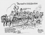 Politicians riding a wild horse carriage down a rocky trail. Sidekicks: "If they didt do what they promise, the money paid to them should return back to the investors! (voters)."