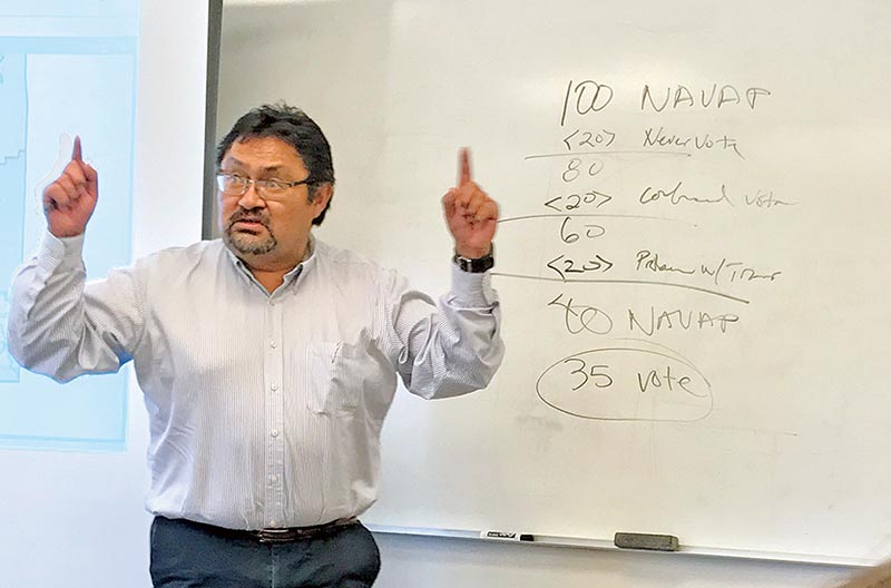 Man stands pointing fingers up in air, in front of whiteboard with numbers.