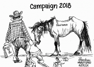 Presidential candidate dragging saddle to feral horse. Sidekick says Let's Ride.