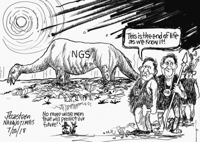 Navajo Generating Station dinosaur eating plants. Cavemen say, This is the endo flife as we know it! Sidekicks say, No more wise men that will predict our future!