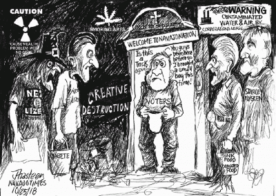 Presidential candidates arrive at voters doors for Halloween with tons of tribal ailments, from diabetes to radiation. Voter asks, Is this a trick again?