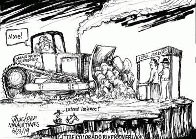 Navajo Nation government bulldozer pushing vendors over cliff of Little Colorado Overlook.