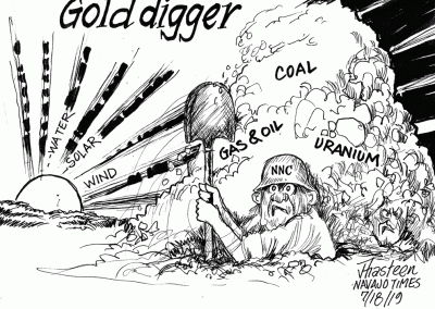 Navajo Nation Council depicted as gold digger for gas and oil, coal and uranium while sun rises with water, solar and wind opportunities.