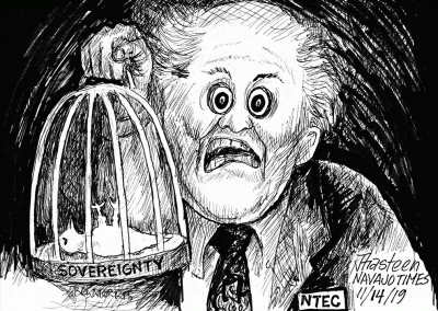 NTEC figure holding dead caged bird representiving sovereignty.