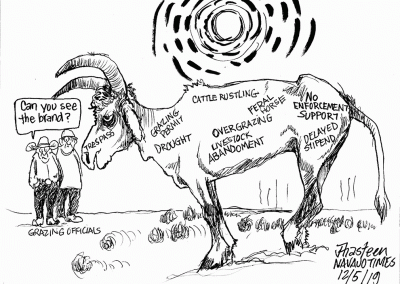 Drought-stricken goat stands in hot sun while two grazing officials ask if they can see the brand on it. Brands are: Trespass, drough, overgrazing, livestock abandoment, delayed stipend, no enforcement support, cattle rustling, feral horse, grazing permit.