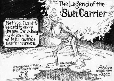The legend of the Sun Carrier. I'm tired. I want to be paid to carry the sun. I'm asking for $470 million with full coverage health insurance - Naataani Molina.