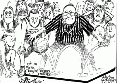 Basketball referee holds back the pack of players and fans for the February frenzy.