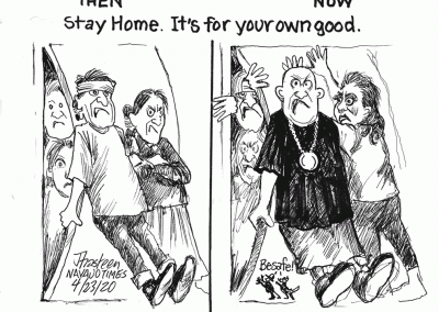 Then and now: Then, parents blocking the door to keep kids out. Now: Kids blocking door to keep parents out. Sidekicks say, Be safe!