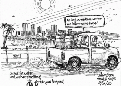 Navajos in truck wearing face mask as they speed past city with water and large lake in front it, and fence blocking them from access: As long as we have water we have some hope the driver says. Sidekicks say control the water and you have everything. Hire good lawyers.