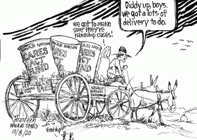 Mule-drawn wagon representing Navajo Nation government with 55-gallon druyms of Navajo Carea Act fund and donations on it. Tribal council driver says, Giddy up. We have a lot of work to do. Sidekicks question hardship for council.