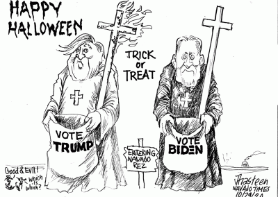 KKK Klansman with burning cross with bag that says Vote Trump. Priest with bag that says Vote Biden. Good and evil.