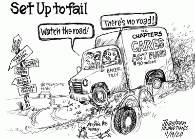 Set up to fail. Navajo Nation Cares Act fund, 90 million dollars. Baker Tilly drive truck falling apart and losing wheels down rez road. Watch the road! There's no road! Drivers say.