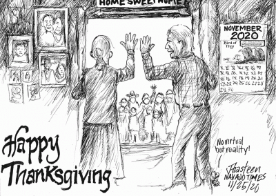 Happy Thanksgiving. Sanii and Cheii wave to family wearing masks from inside their home, as the family stands outside due to the coronavirus pandemic.
