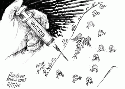 COVID vaccine going into arm of medical worker, and little viruses running away from it.