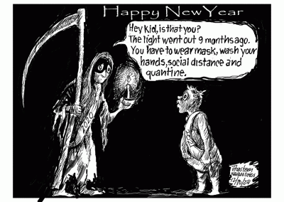 Father Time admonishes 2021 baby to wear a mask and quarantine.