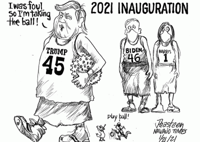A maskless Donald Trump, number 45, carries virus ball and proclaims at the 2021 inauguration, I was foul. So I'm taking the ball. Biden, 46, and Harris, 1, look on with big eyes and wearing masks.