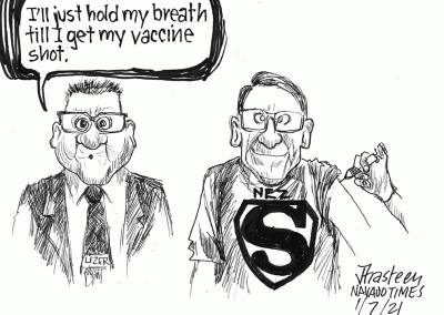 Lizer vs. Nez on COVID vaccine: Lizer says, Maybe I'll just hold my breath till I get my vaccine shot. Nez shows Superman T-shirt and gets the shot.