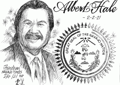 Portrait of Albert Hale and the Navajo Nation seal, with date of death of Feb. 2, 2021. Sidekicks say RIP.