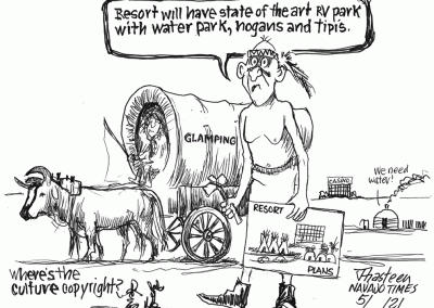 Glamping. Resort plans show teepee while campers show up in conestoga wagons drawn by steers.