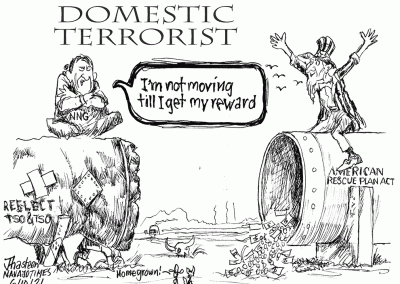 Domestic Terrorist: I'm not moving till I get my reward -- Navajo Nation Government. Uncle Sam sits on other end of pipeline with American Rescue Plan Act money spilling out and going nowhere. Reflect Tso and Tso sign on broken pipe.