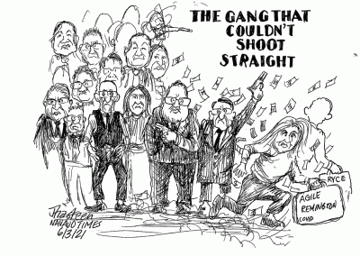 Council delegates chasing off Pauline Kirk and Ryce. Council weirds guns and money flies through the air as Kirk and Ryce flee. The gang that couldn't shoot straight.