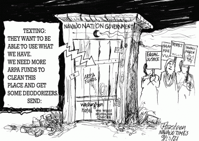 Navajo Nation Outhouse: Someone inside texts that someone wants to use what ARPA funds the tribe has, but we need more ARPA funds to clean this place and get deodorizers.