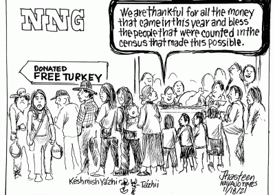 Navajo Nation government building. People in line for free turkeys. One gives thanks for lots of money that came to tribe and new census numbers that counted more people.