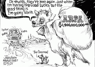 Wolf or coyote carring bag full of ARPA money worth 1.9 billion dollars. Votgers sputter over rez road. Sidekicks say it is the crossroad. Coyote heads north.