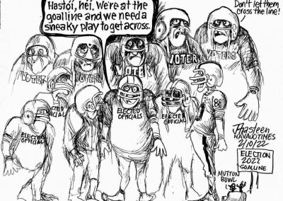 Mutton Bowl: Voters pose as football players against election officials on opposing team.