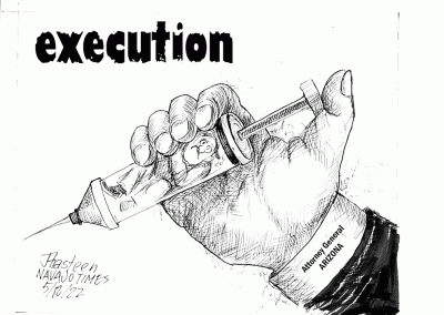 Arizona Attorney General's hand holds an execution syringe with a prison inmate in it.
