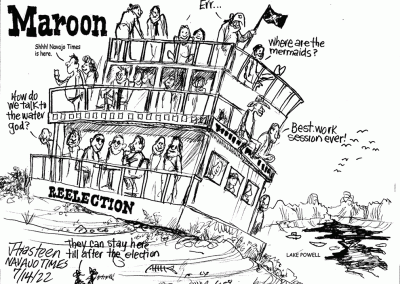 Maroon. Houseboat on shores of Lake Powell filled with candidates for reelection. Sidekicks say they can stay here til after the election.