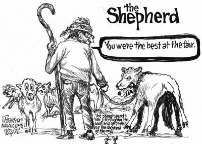 The Shepherd, He says to wolf in sheep's skin, You were the best at the fair. Sheep run away with scared looks on faces.