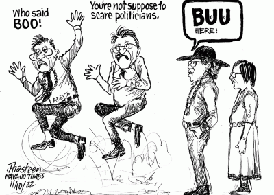 Buu Nygren greets Jonathan Nez and running mate Abeyta. Abeyta reacts, Who said Boo!?" Both run away scared. You're not supposed to scare politicians.