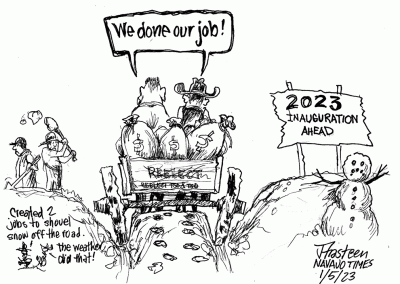 2023 inauguration ahead. Council delegates ride off in wooden wagon loaded with bags of money, and exclaim, We done our job! Sign on wagon says re-elect Tso and Tso.