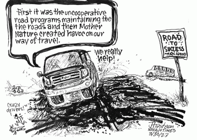 Road to Success turn around. First it was uncooperative road programs, then it was Mother Nature creating havoc on our roads. Trucks and school bus slosh through muddy pothole-filled roads. Sidekicks complain about crazy drivers.